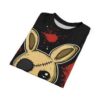 Black, tan, and red hues cover this sublimation graphic tee, showcasing a stitched bunny with an eye patch and blood splatters.