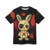 Red splatters and drips cover this graphic streetwear tee, featuring a stitched, one-eyed bunny with an X on its chest.