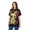 A woman wearing a black t-shirt featuring a cartoonish, stitched bunny with an eyepatch and red 'X' marks on its chest, set against a backdrop of red splatters.