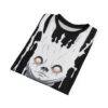 White melting skull face with glowing eyes on a black background covers this sublimation graphic tee.