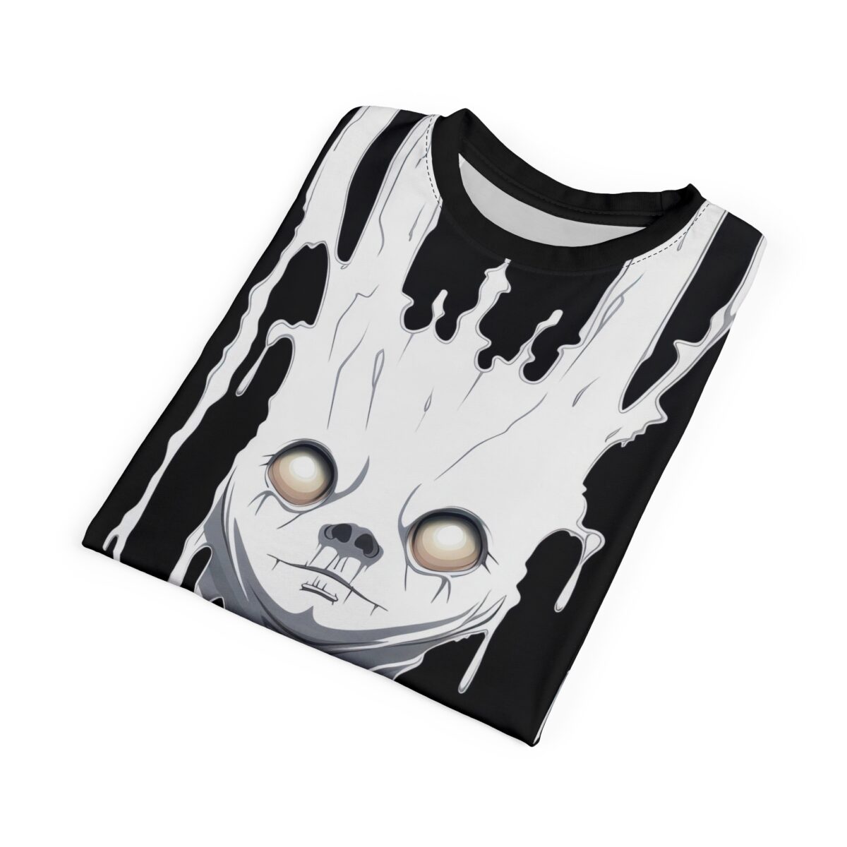 White melting skull face with glowing eyes on a black background covers this sublimation graphic tee.