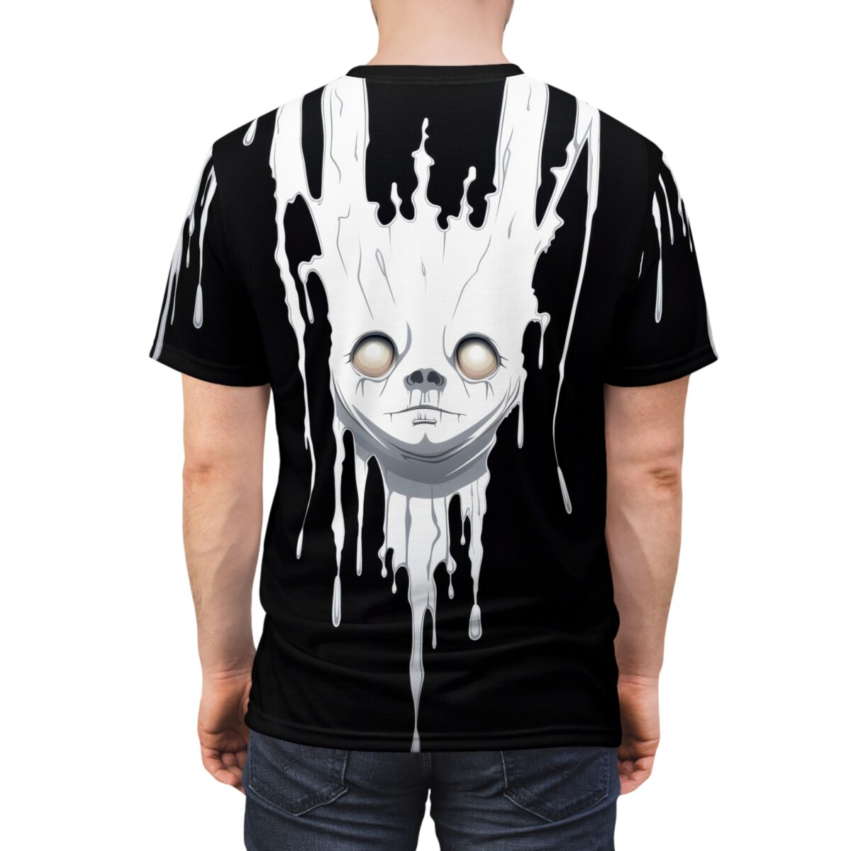 White dripping paint and a pale, wide-eyed face cover this 3D graphic t-shirt, against a black background.