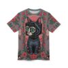 Surreal cube-headed black cat with green eyes surrounded by red floral pattern and eyes graphic, all over print sublimation tee.