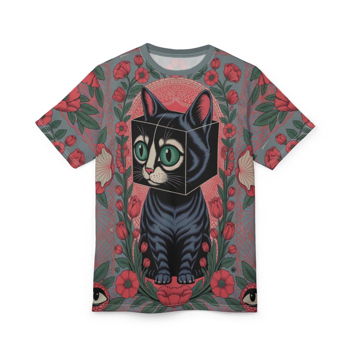 Surreal cube-headed black cat with green eyes surrounded by red floral pattern and eyes graphic, all over print sublimation tee.