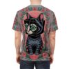 Sublimation tee featuring a surreal cube-headed black cat graphic surrounded by a vintage floral pattern in pink and green.