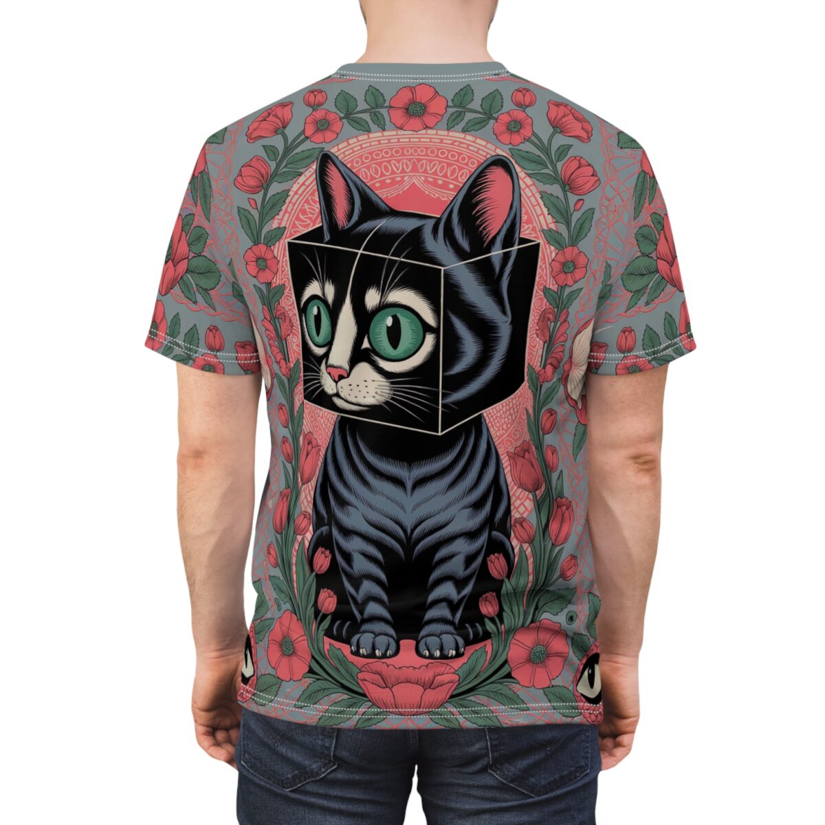 Sublimation tee featuring a surreal cube-headed black cat graphic surrounded by a vintage floral pattern in pink and green.