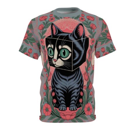 Gray background with pink floral patterns and geometric designs cover this 3D graphic t-shirt, depicting a black cat with green eyes and a cubical head.