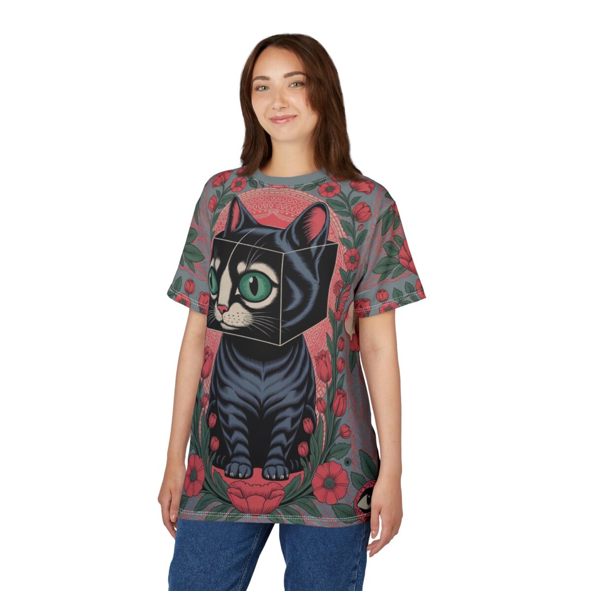 Red poppies and green leaves cover this sublimation graphic tee, depicting a black cat with a cubical head and emerald eyes.