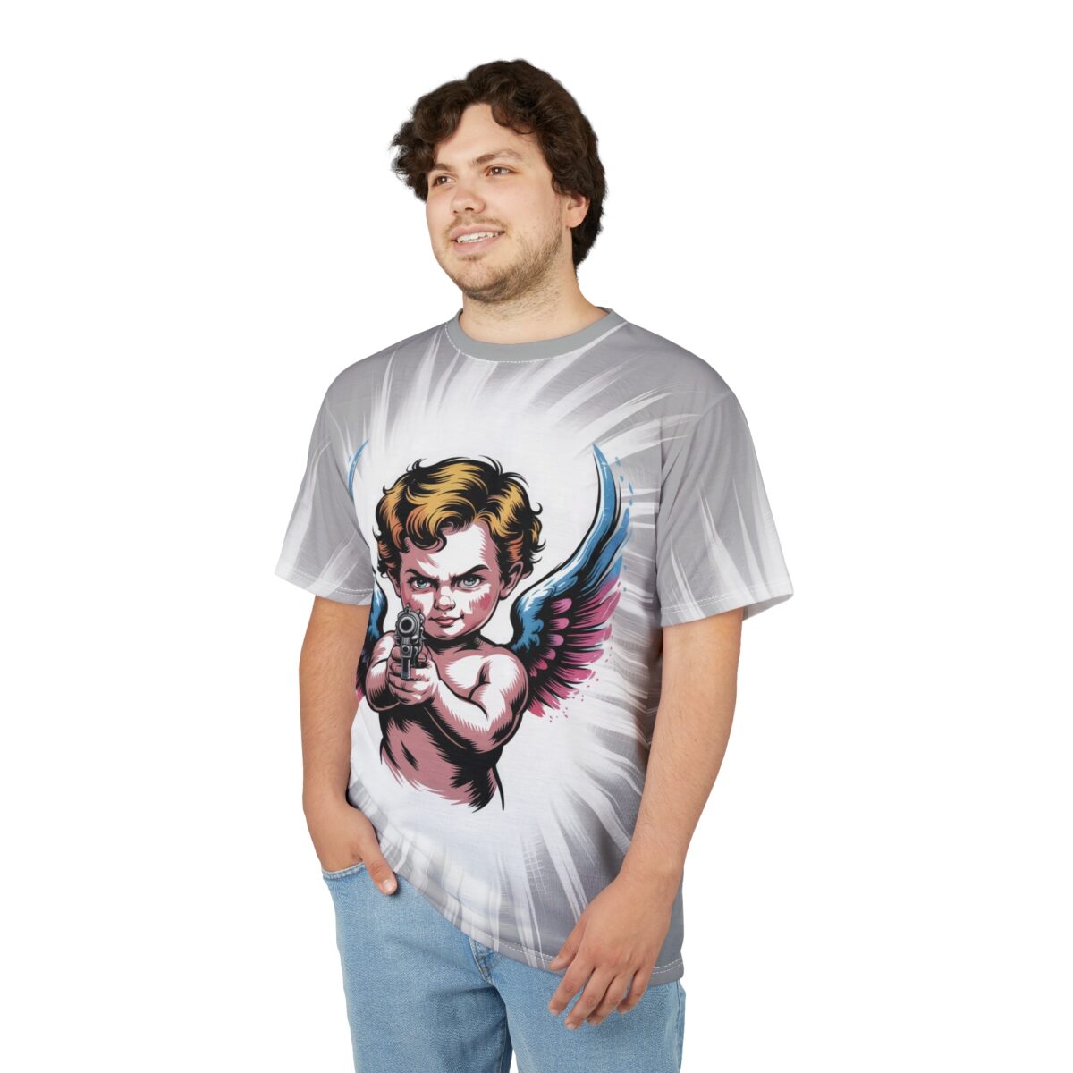 White and gray sunburst patterns cover this patterned tee shirt, featuring a stylized cherub holding a gun with pink and blue wings.