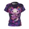 Cute axolotl playing electric guitar, rainbow frills, all over print sublimation tee with psychedelic forest graphic.