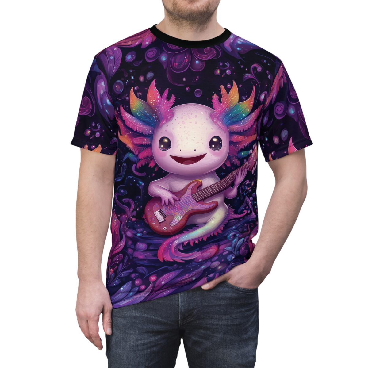 A smiling, pastel pink axolotl with rainbow gills is playing a red electric guitar. It is surrounded by a dark, swirling, psychedelic background filled with purple and pink flora and bubbles.