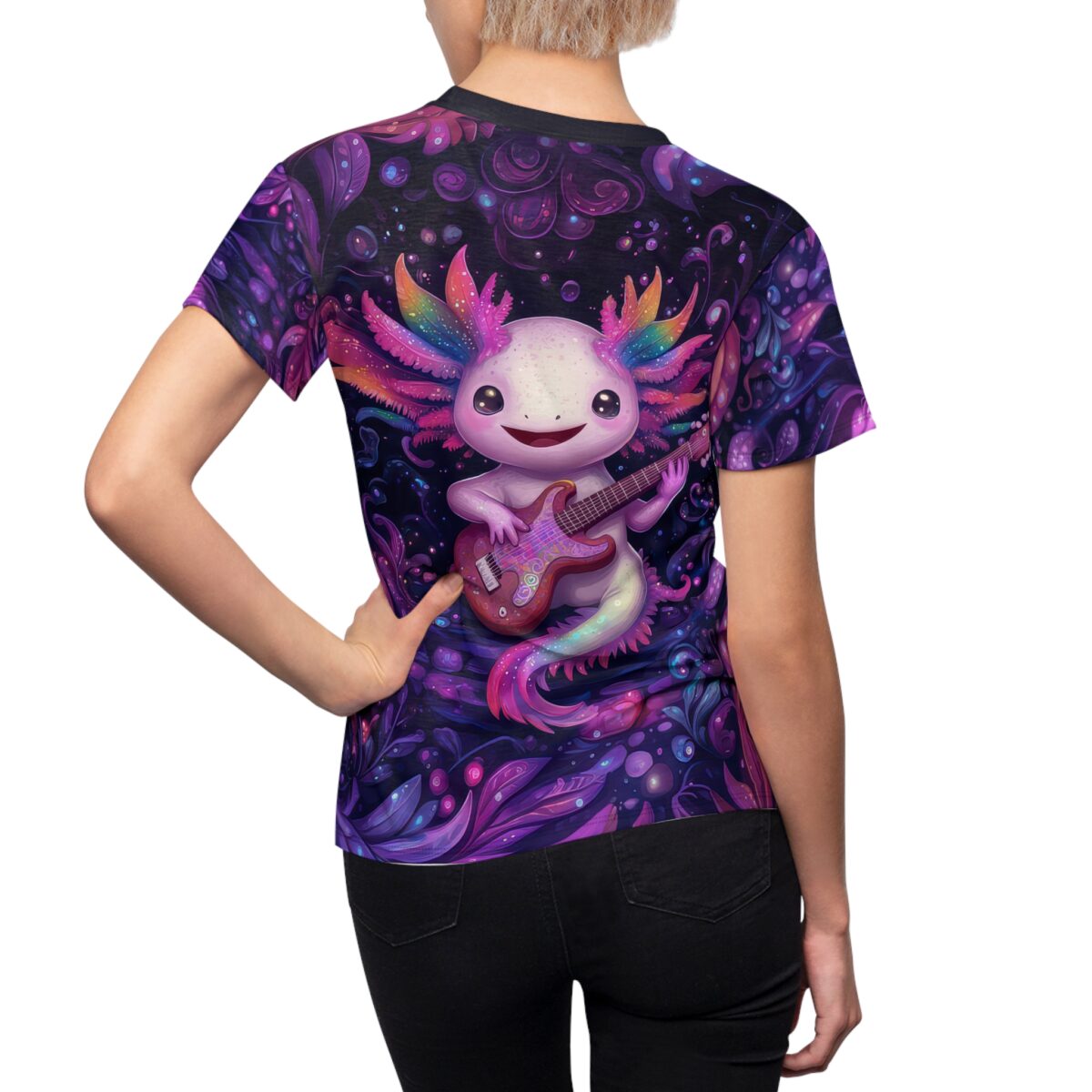 Whimsical Axolotl Guitar Tee for Women - Vibrant All Over Print Tee