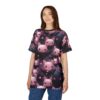 Pink and black bats and hearts cover this sublimation graphic tee, featuring a cute, spooky Halloween all-over print.
