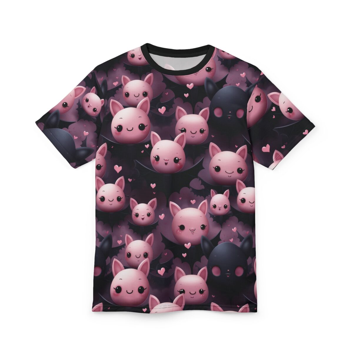 Pink and black bat motifs, scattered pink hearts, and cute pink bat faces cover this graphic streetwear tee.