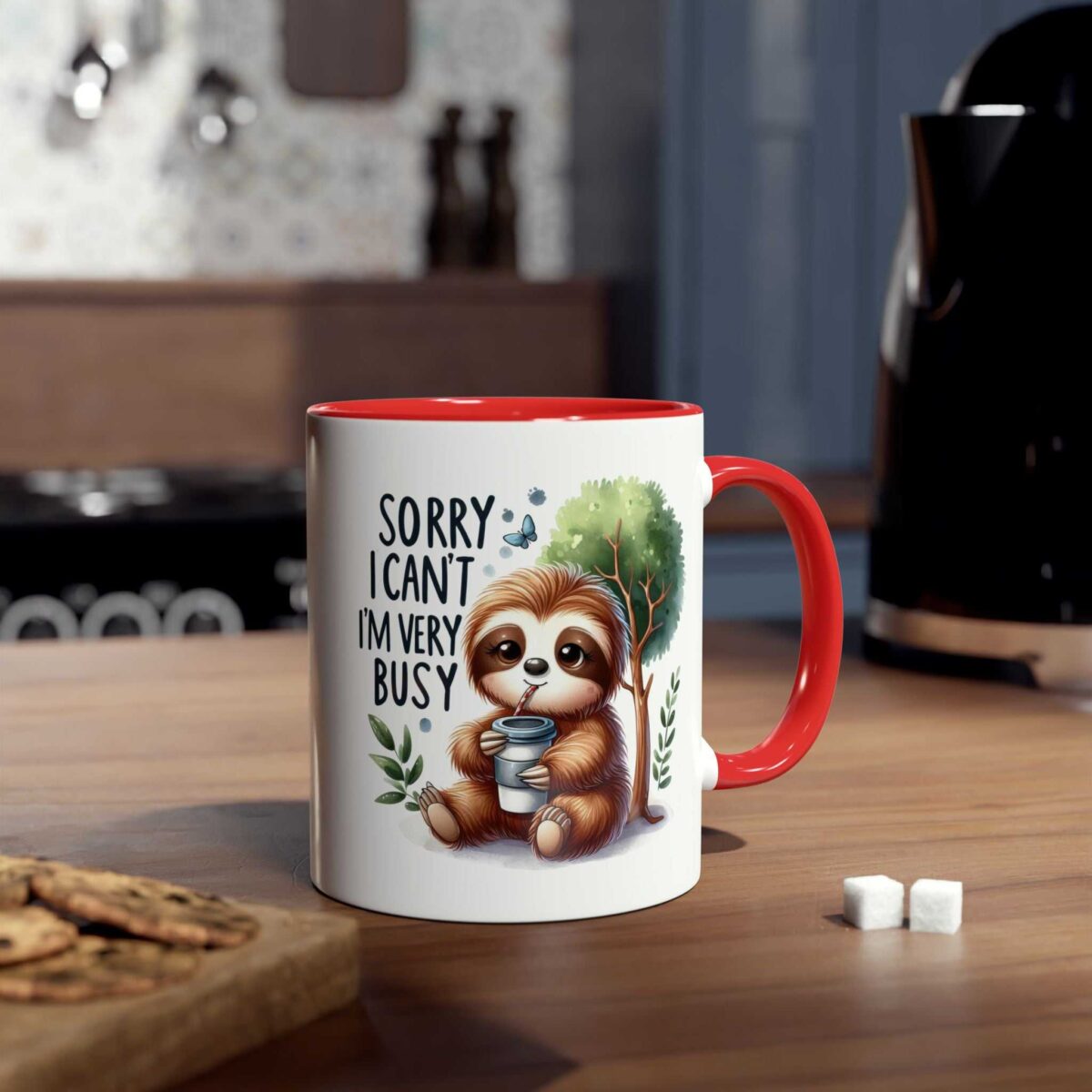 White ceramic coffee mug with a red interior and handle, featuring a cartoon sloth drinking from a cup with the text "SORRY I CAN'T I'M VERY BUSY".