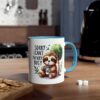 White ceramic mug with blue rim and handle, featuring a sloth illustration and the text "SORRY I CAN'T I'M VERY BUSY."