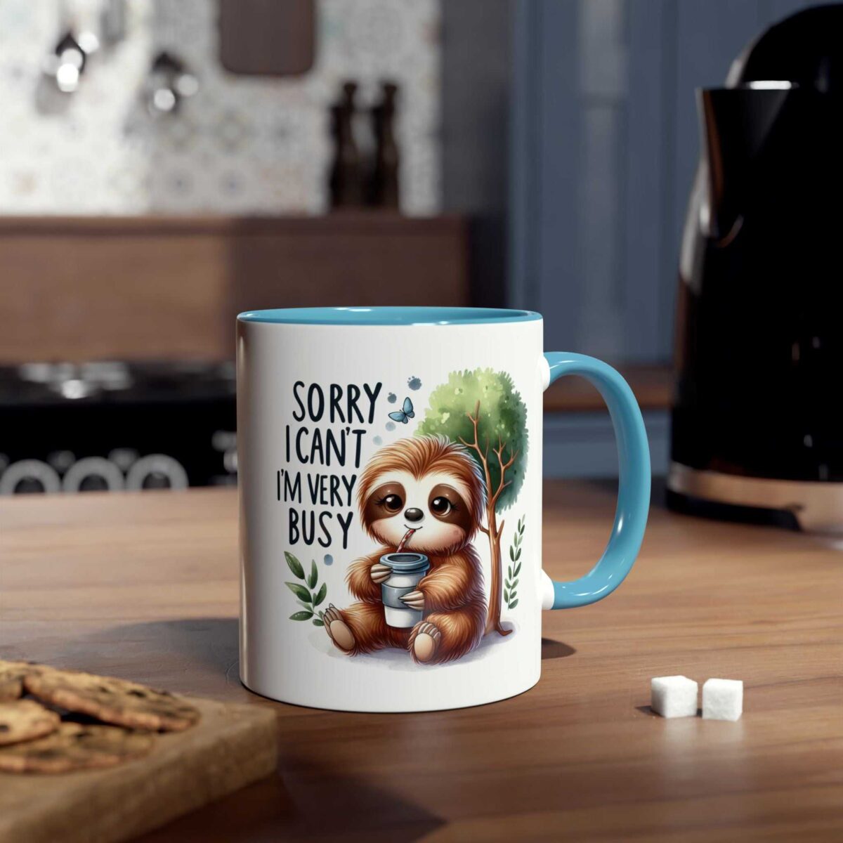White ceramic mug with blue rim and handle, featuring a sloth illustration and the text "SORRY I CAN'T I'M VERY BUSY."