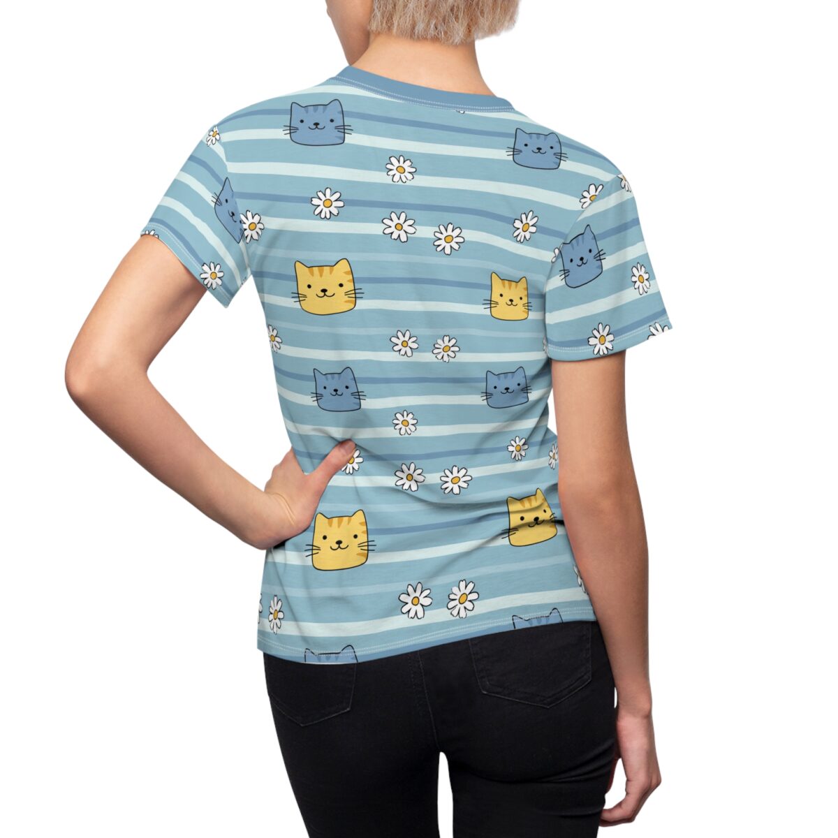 Blue Daisy & Cute Cat Stripe Women's Tee
