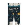 Leggings featuring a charming dark navy print with white cats, yellow ducks, white daisies, and green foliage on water.