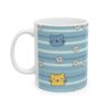 A white ceramic mug with a blue striped pattern and cute cat and daisy illustrations.