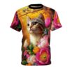All over print sublimation tee showcasing a cute tabby cat surrounded by vibrant pink, white, and orange flowers with a golden background.
