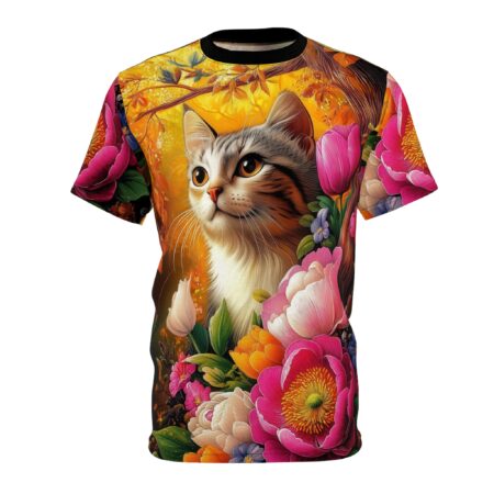 All over print sublimation tee showcasing a cute tabby cat surrounded by vibrant pink, white, and orange flowers with a golden background.