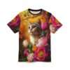 All over print sublimation tee featuring a realistic cat surrounded by vibrant pink, white, and orange peonies and tulips.