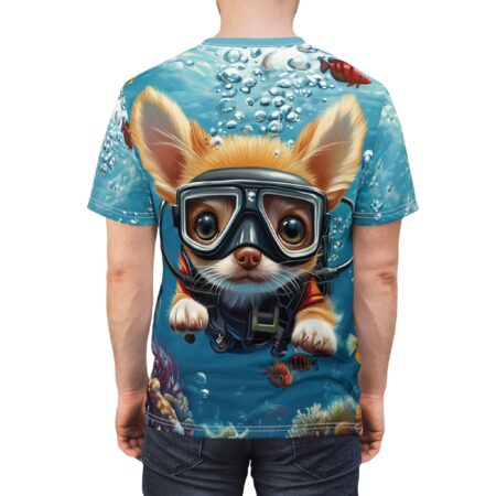 Vibrant blues with swirling bubbles and red fish cover this graphic streetwear tee, featuring a cute dog in scuba gear exploring coral reefs.