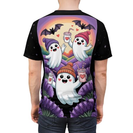 Cute ghost characters wearing beanies and holding drinks, with bats flying under a rainbow in a lavender field, all over print sublimation tee.