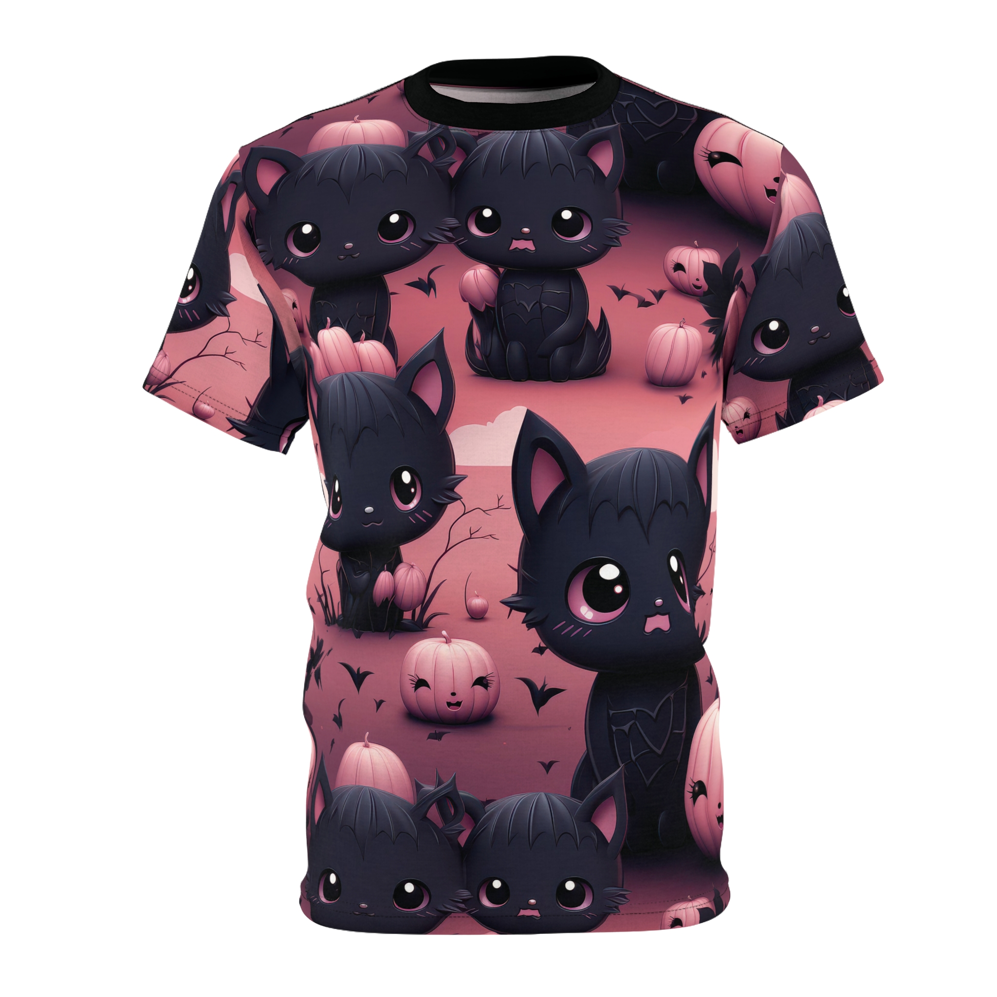 Cute Halloween Cat Tee - Unisex All Over Print T-Shirt with Adorable Kittens and Pumpkins Design - Image 3
