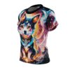 Cute kawaii dog with vibrant cosmic background, all over print sublimation tee with fire and mountain landscape.