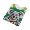 Green grass patterns cover this all over print apparel, featuring a smiling koala playing a ukulele.