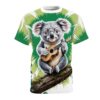 Green palm fronds and a fuzzy koala playing a ukulele on a mossy log cover this seamless pattern tee.