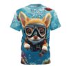 An all-over print t-shirt featuring an adorable furry creature in scuba gear, swimming underwater with vibrant coral and fish.