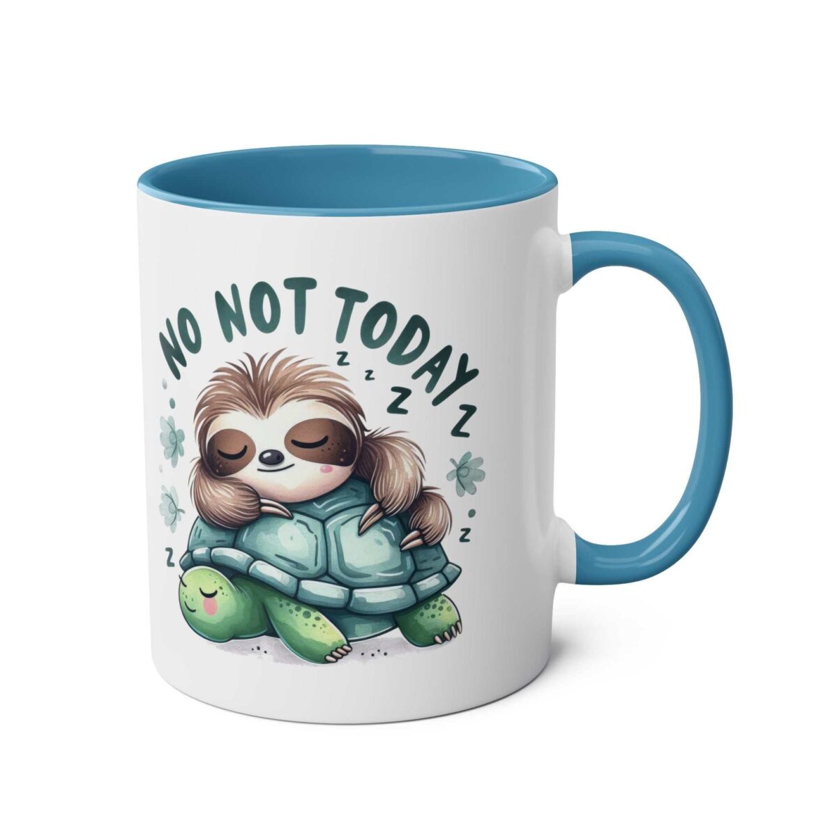 White ceramic mug with a blue interior and handle, featuring a cute sloth sleeping on a turtle.