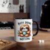 White ceramic mug with black handle and rim, featuring a cute sloth holding a blue polka dot mug with coffee.