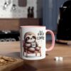White ceramic mug with a pink rim and handle, featuring a cartoon sloth holding a coffee cup.