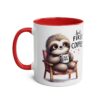 White mug with a red interior and handle, featuring a fluffy sloth in a chair holding a coffee cup.