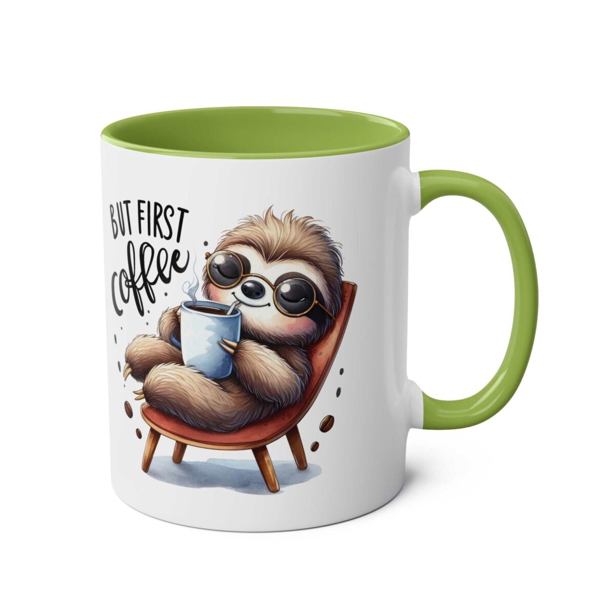 A white mug with a green interior and handle, featuring a cartoon sloth in sunglasses holding a coffee cup.