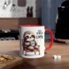 White ceramic mug with red handle, featuring a cute sloth holding a 'first coffee' cup and text that says 'but first COFFEE'.