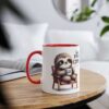 White ceramic mug with red handle and interior, featuring a cute sloth holding a coffee cup.