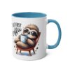 White mug with a blue interior and handle, featuring a cartoon sloth relaxing with coffee.