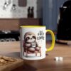 White ceramic mug with yellow handle and rim, featuring a cute sloth holding a coffee cup. Text reads "but first COFFEE".
