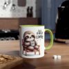 White ceramic mug with a cute sloth illustration, green handle and rim, holding a tiny coffee cup.