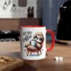 White ceramic mug with a red handle and rim, featuring a cute sloth in sunglasses holding a coffee cup with the text "BUT FIRST coffee."