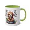 White coffee mug with a green interior and handle. Features a cute sloth with coffee and text.