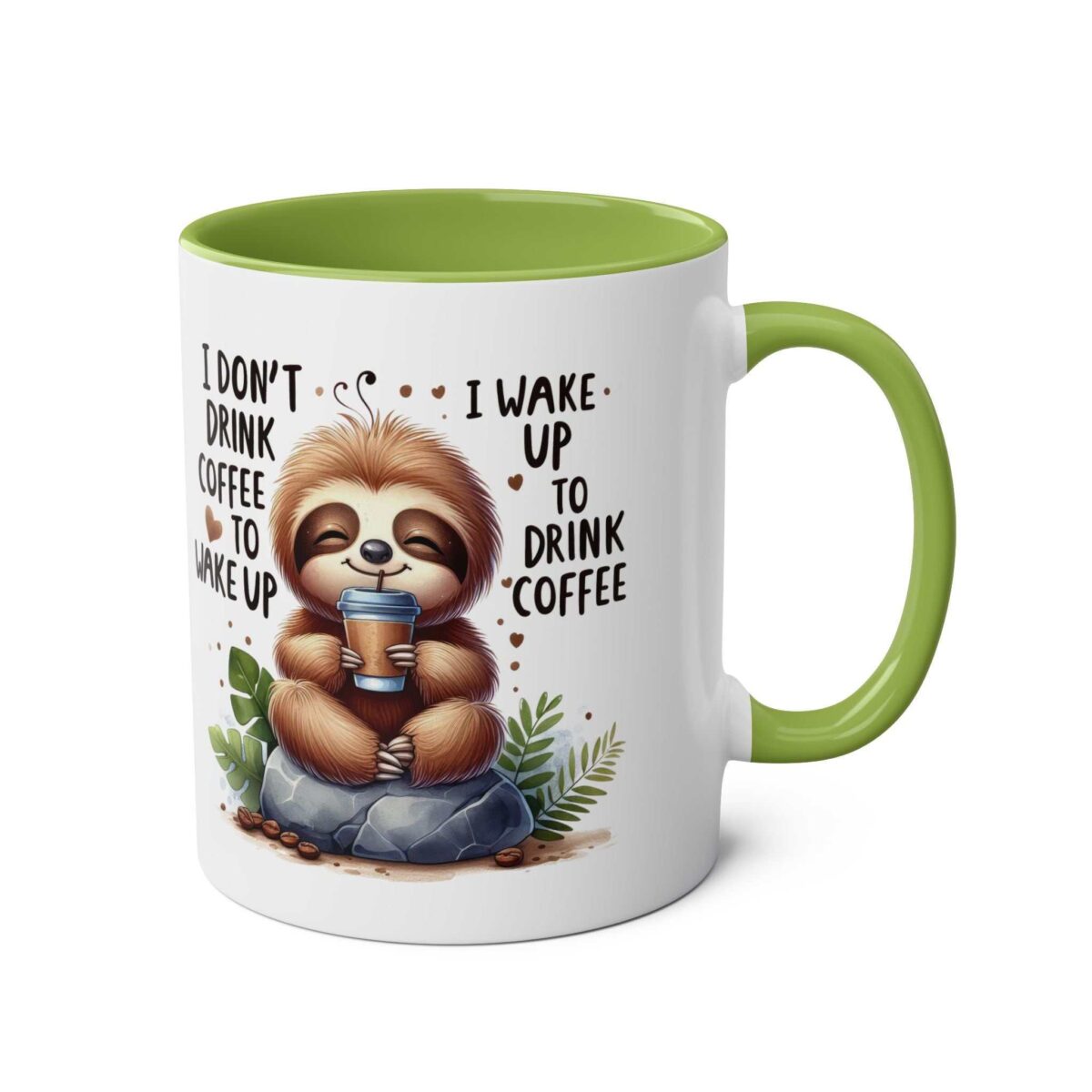 White coffee mug with a green interior and handle. Features a cute sloth with coffee and text.