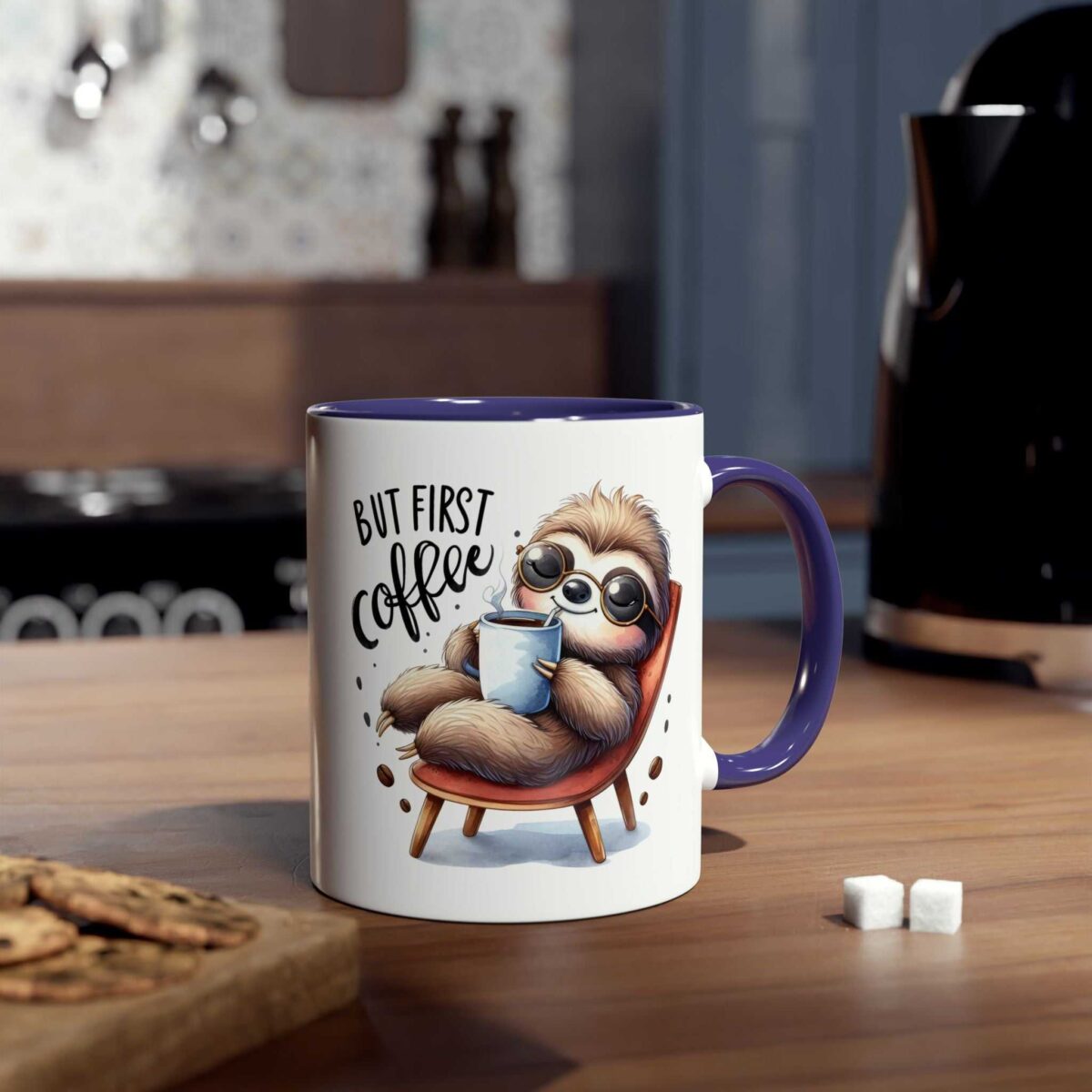 White ceramic mug with a blue handle, showcasing a cartoon sloth with sunglasses holding a coffee mug.