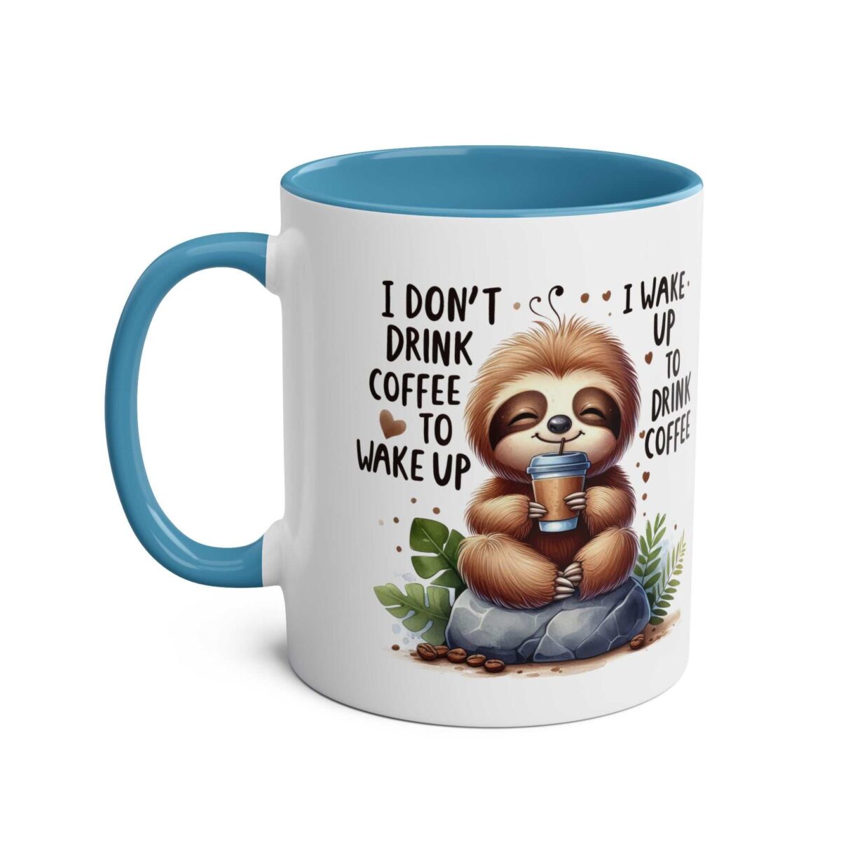 White ceramic mug with a bright blue interior and handle, featuring a cute sloth holding a coffee cup.