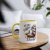 White ceramic mug with a yellow handle and rim, featuring a cartoon sloth enjoying coffee.
